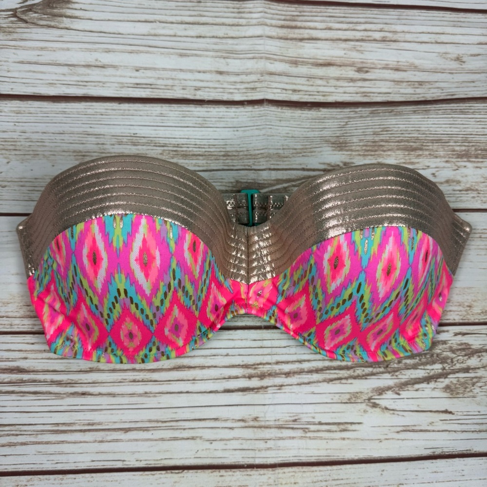 Shade and Shore Metallic Neon Aztec Wired Halter Bikini Top - Size 36D